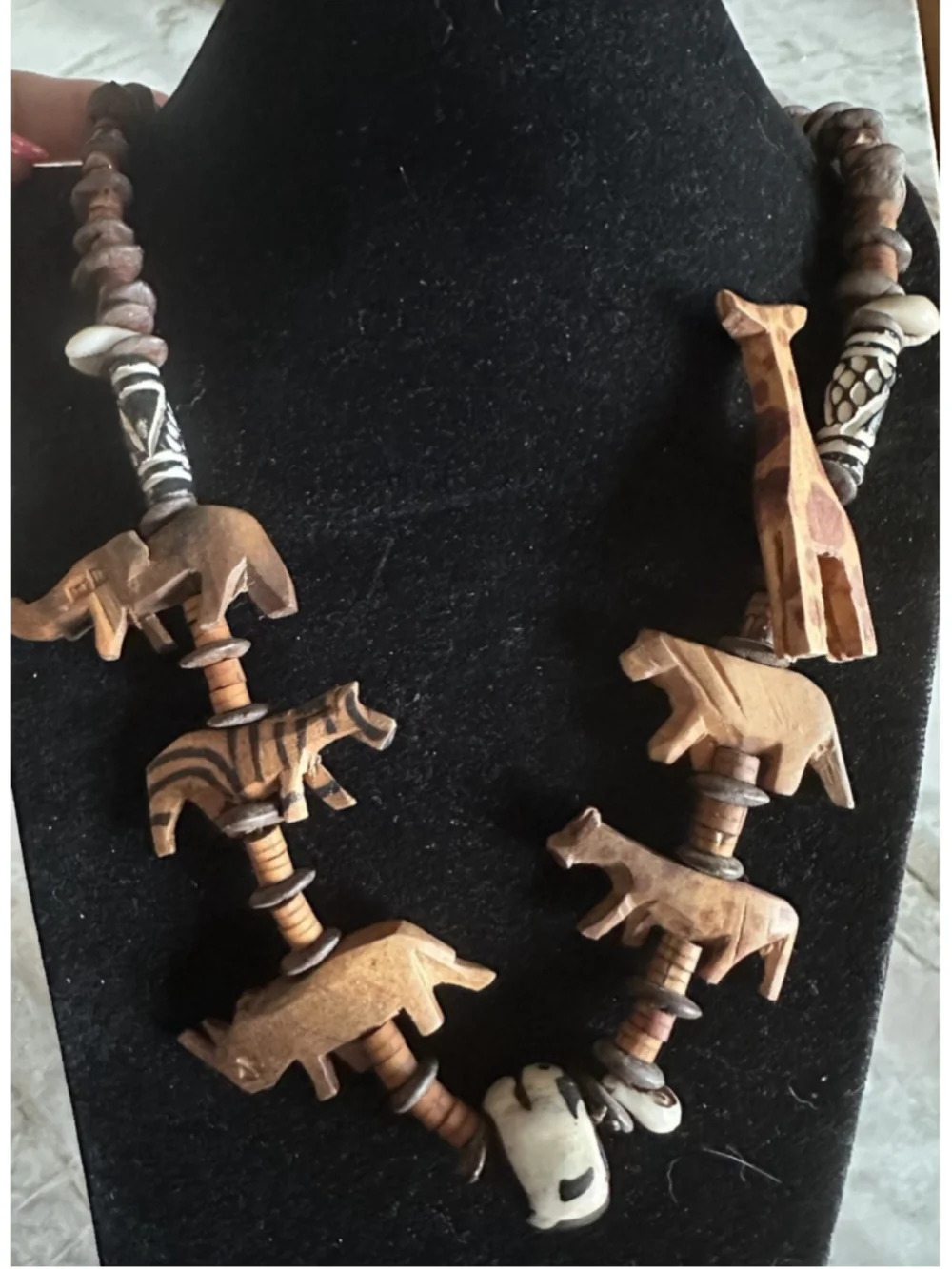 Vintage wildlife Safari Carved wood animal Necklace Kenya Africa Maasai bead - Picture 1 of 7
